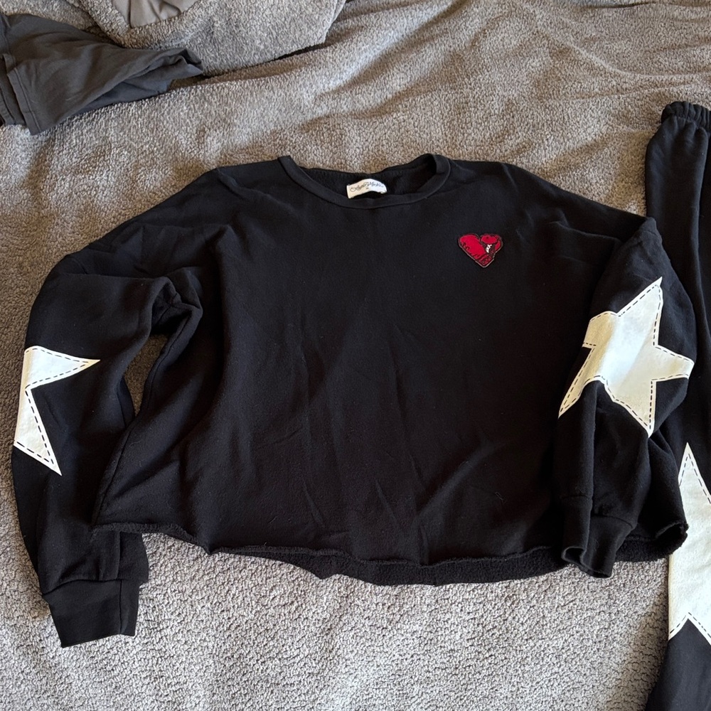 Black Sweat outfit with White Star Sleeves & Red Heart Patch and Sweatpants